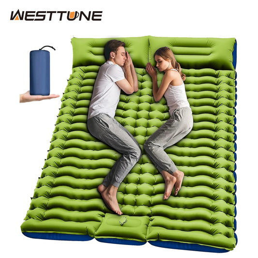 WESTTUNE Double Sleeping Pad 4 Inch Thick for Two Person with Built-in Pillow and Foot Pump Inflatable Mattress for Backpacking and Hiking