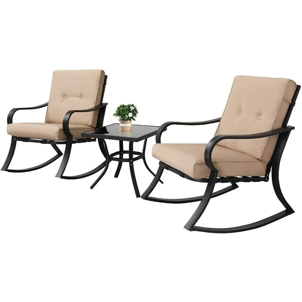 Furniture 3 Piece Conversation Bistro Set Rocking Chairs with Glass Top Table Thick Cushions Black Steel