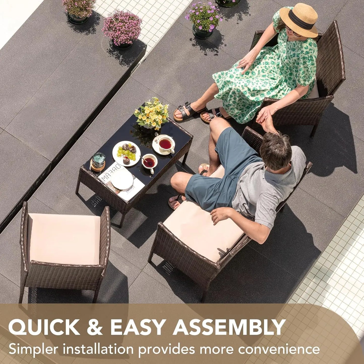 4 Pieces Outdoor Patio Furniture Set PE Rattan Wicker Chairs Balcony Lawn Porch Furniture with Beige Cushions and Table