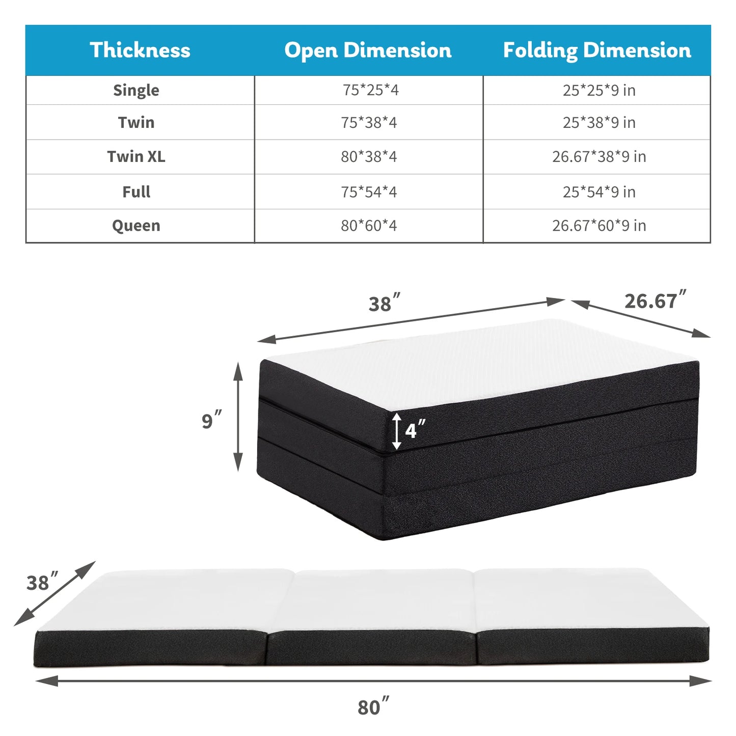 JHK Three Fold Portable Floor Bed CertiPUR Camping Yoga