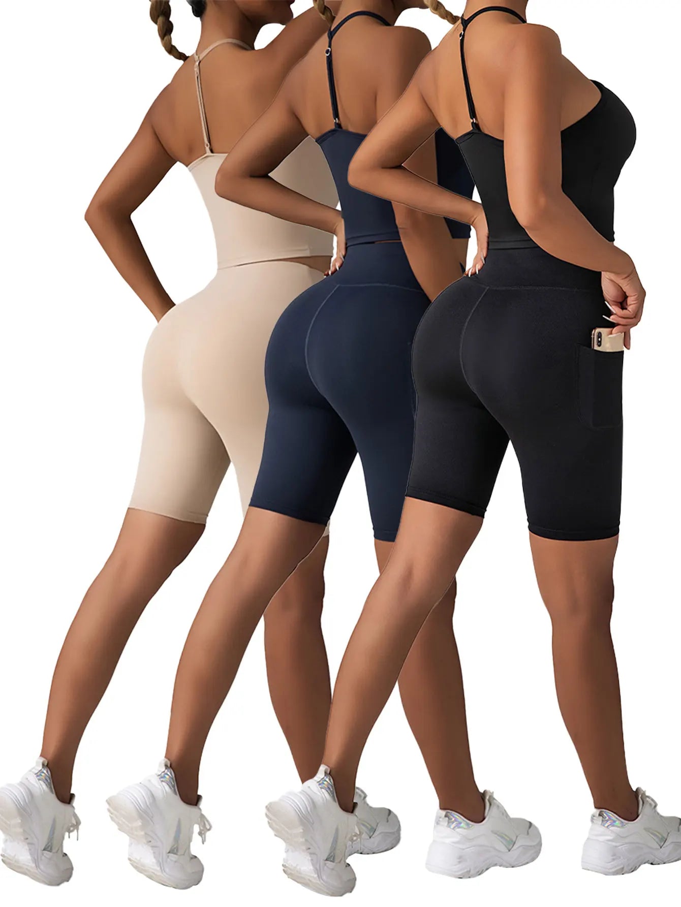 3 Pack Women's High Waist Yoga Shorts Tummy Control Athletic Workout Running Shorts with Deep Pockets