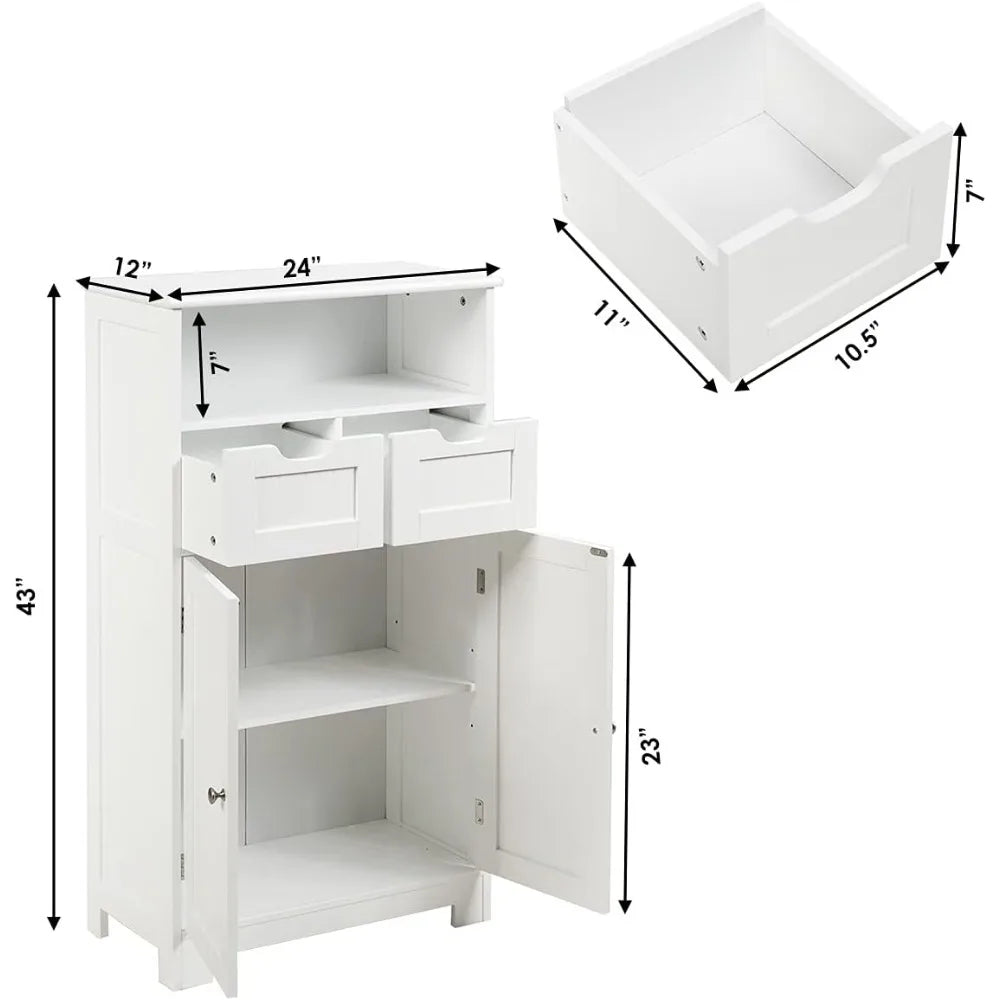 Bathroom Floor Cabinet Storage Cabinet with Open Shelf 2 Doors and 2 Adjustable Drawers Standing Cupboard for Kitchen and Bathroom