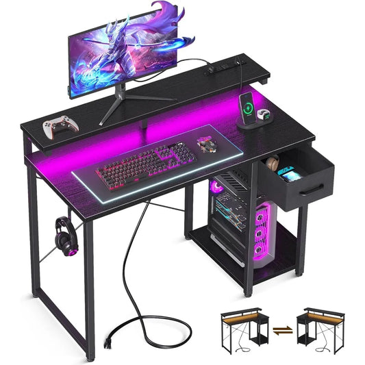 Gaming Desk with LED Lights and Power Outlet 40 Inch Computer Desk with Drawer Reversible Desk with Monitor Shelf and Headphone Hook
