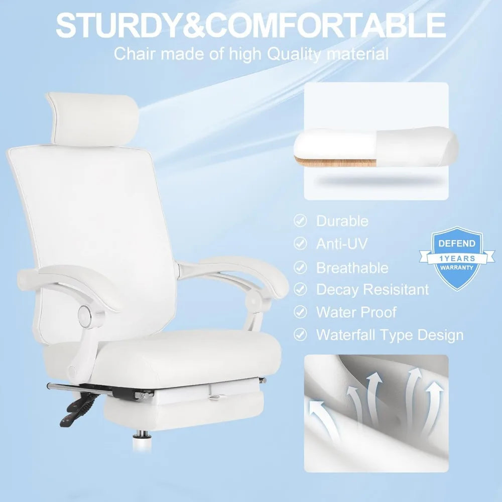 Ergonomic Office Chair with Footrest Adjustable Lumbar Support High Back Computer Chair Ivory White