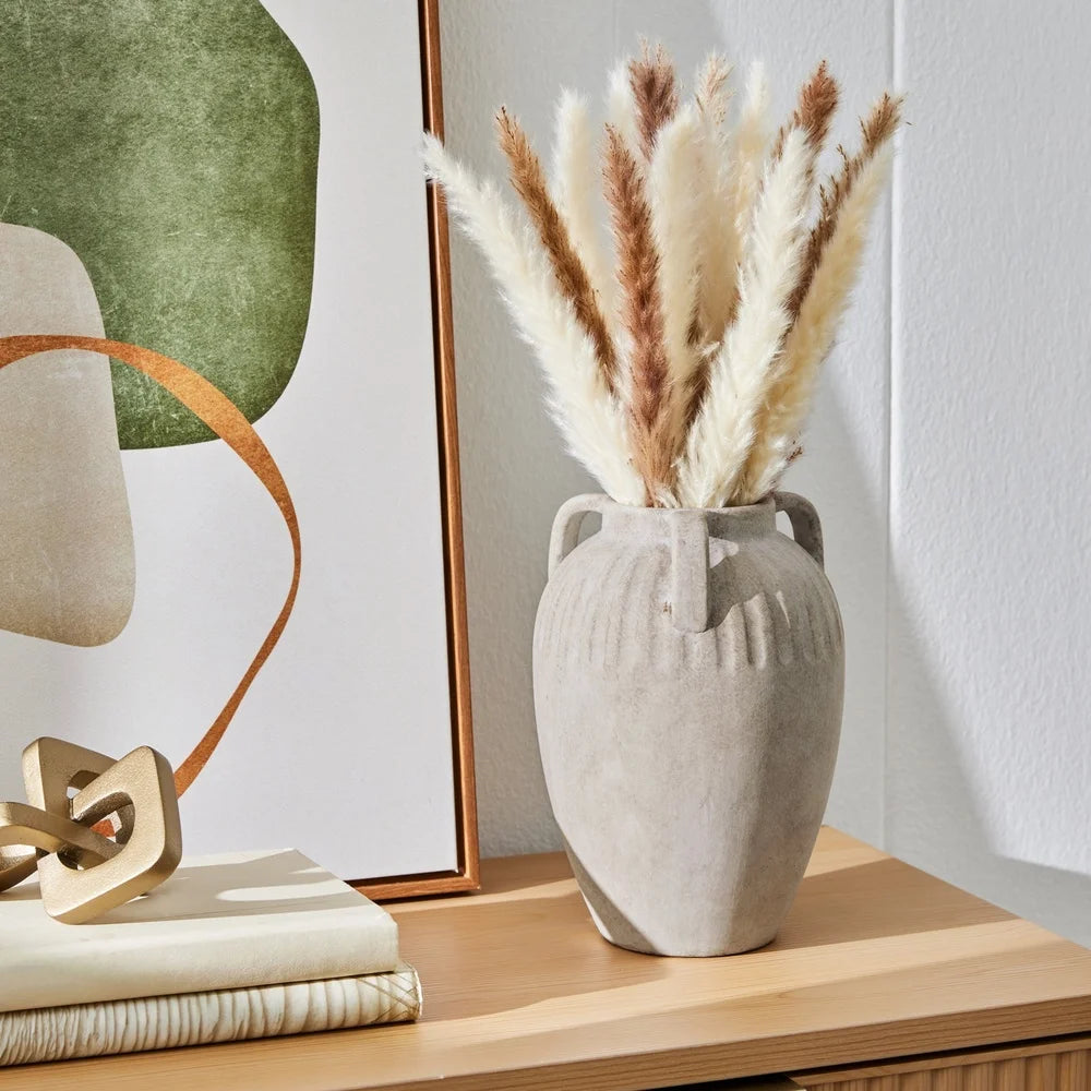 Three Handle Ceramic Vase 10 Inch Decorative Indoor Flower Holder Textured Design Accent Piece Home Decor