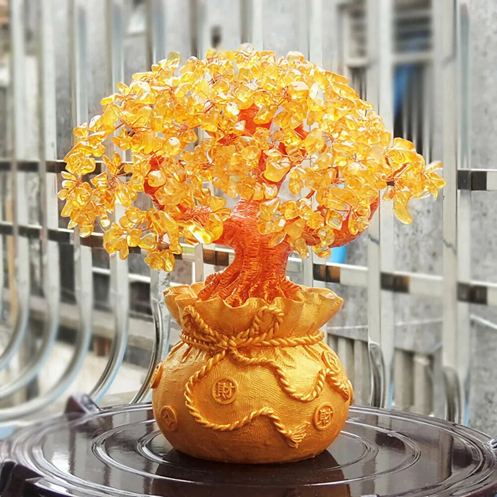 Crystal Money Bag Tree Figurine Yellow Lucky Wealth Tree