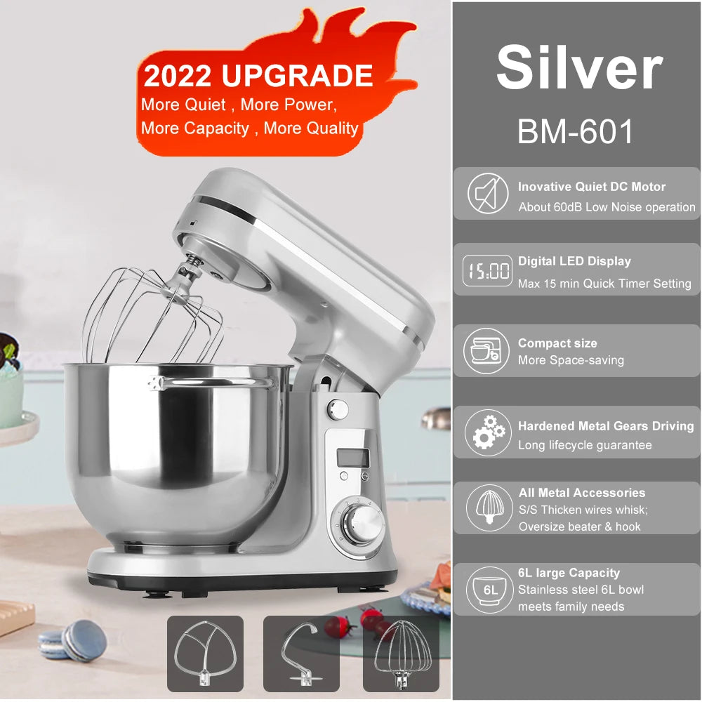 BioloMix Kitchen Food Stand Mixer Blender Quiet Motor Cream Egg Whisk Whip Dough Kneader 6 Speed 1200 Watt 6 Liter DC