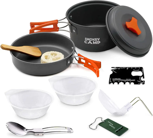 Camping Cookware Mess Kit Set with Stove Backpacking Pots and Pans Non Stick Cooking Set Portable