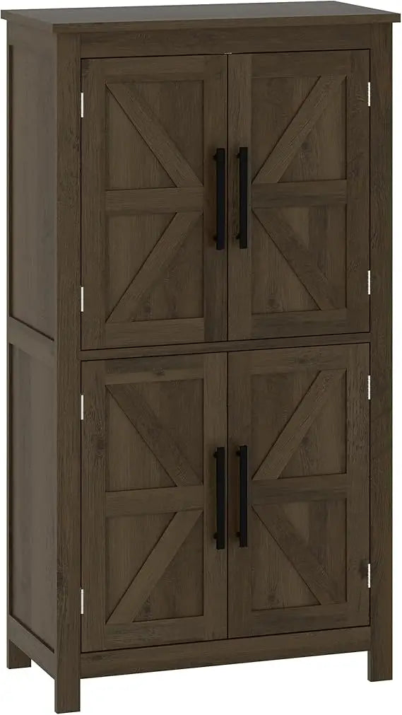 Farmhouse Bathroom Storage Cabinet with 4 Barn Doors and 2 Adjustable Shelves Freestanding Floor Cupboard in White
