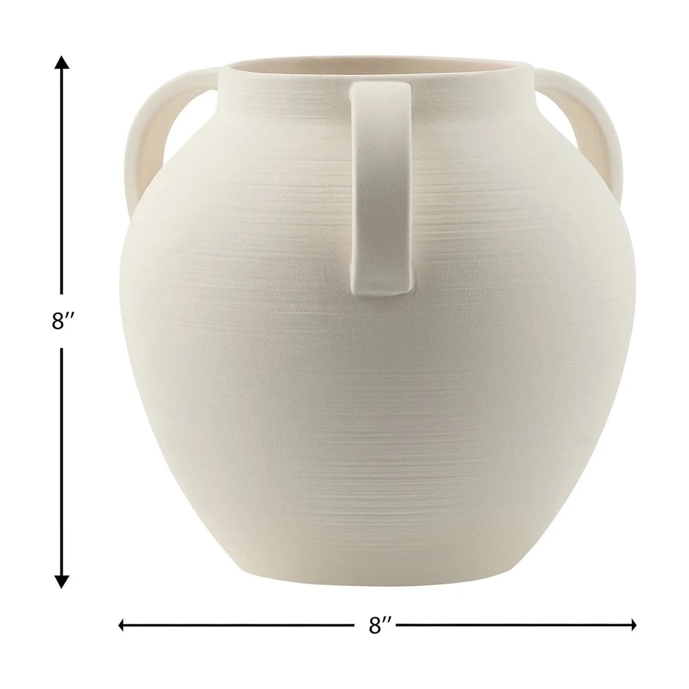 Matte Textured Ceramic Stoneware Vase with Handles Tapered Design Wide Opening Decorative Home Accent