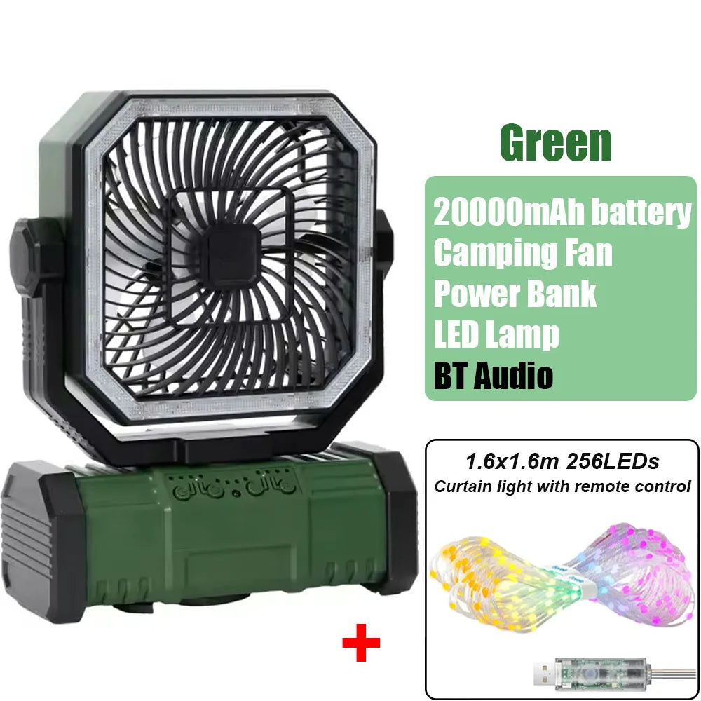 Multi Function Bluetooth Camping Fan 20000mAh Portable Power Bank LED String Lights for Outdoor Activities