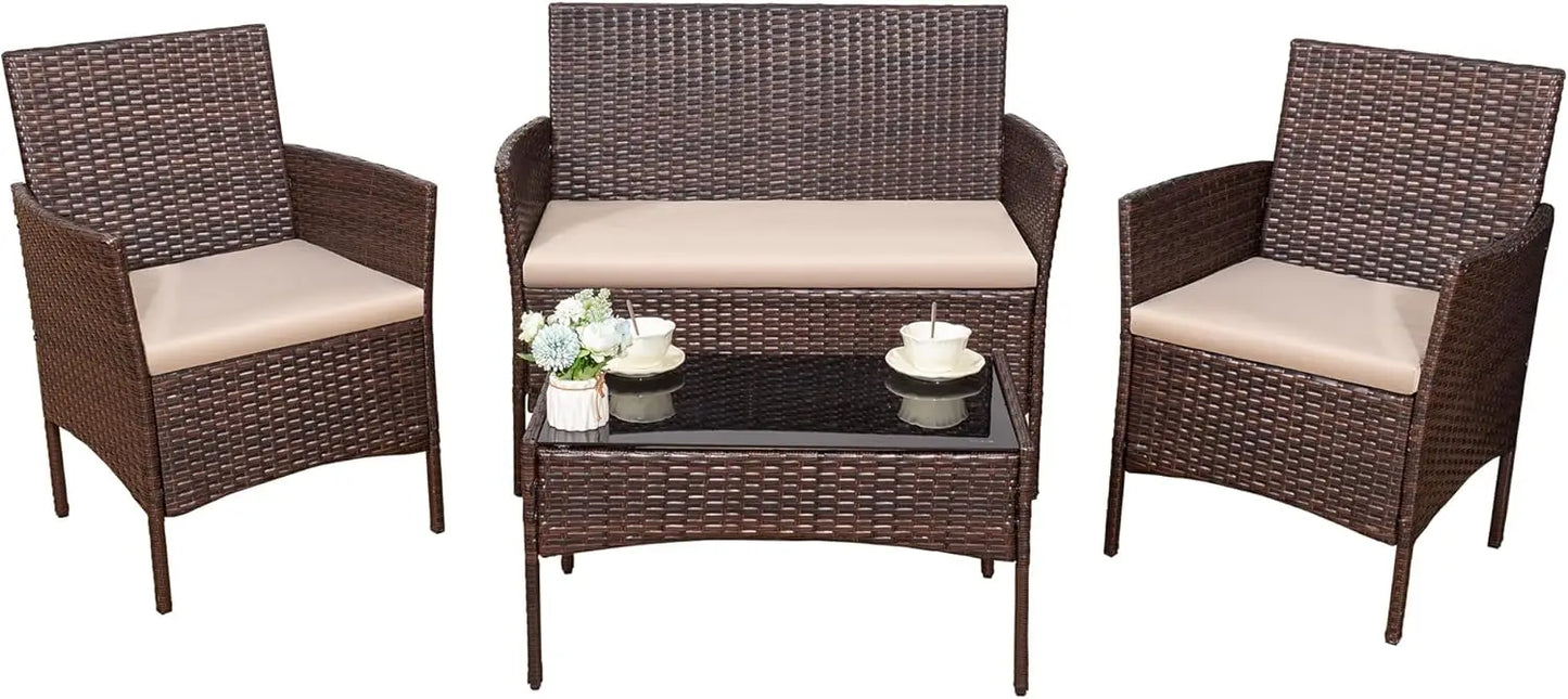 4 Pieces Outdoor Patio Furniture Set PE Rattan Wicker Chairs Balcony Lawn Porch Furniture with Beige Cushions and Table