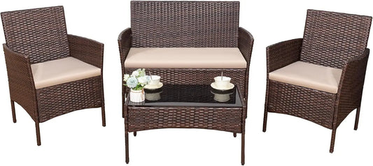 4 Pieces Outdoor Patio Furniture Set PE Rattan Wicker Chairs Balcony Lawn Porch Furniture with Beige Cushions and Table