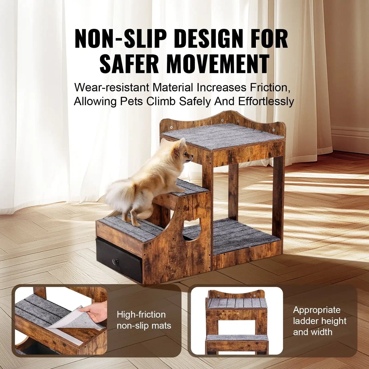 Pet Bunk Bed with Stairs for Dogs and Cats Indoor Window Perch with Storage in Brown
