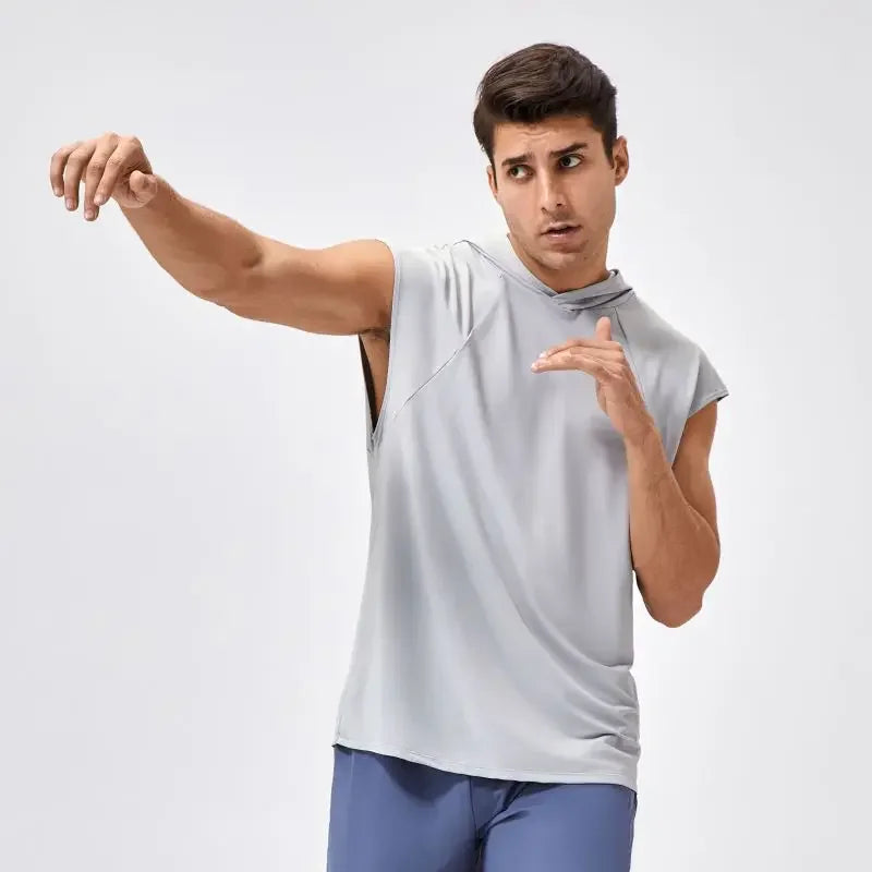 Men's Activewear Tank Tops Wide Shoulder Loose Quick Drying Hooded Fitness Vest Sportswear