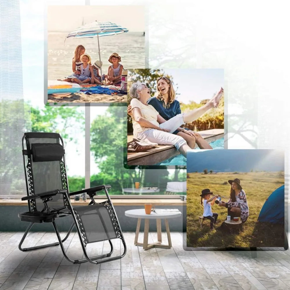 Zero Gravity Lawn Lounge Chairs Set of Two with Pillow and Cup Holder Adjustable Reclining Folding Outdoor Beach Chairs