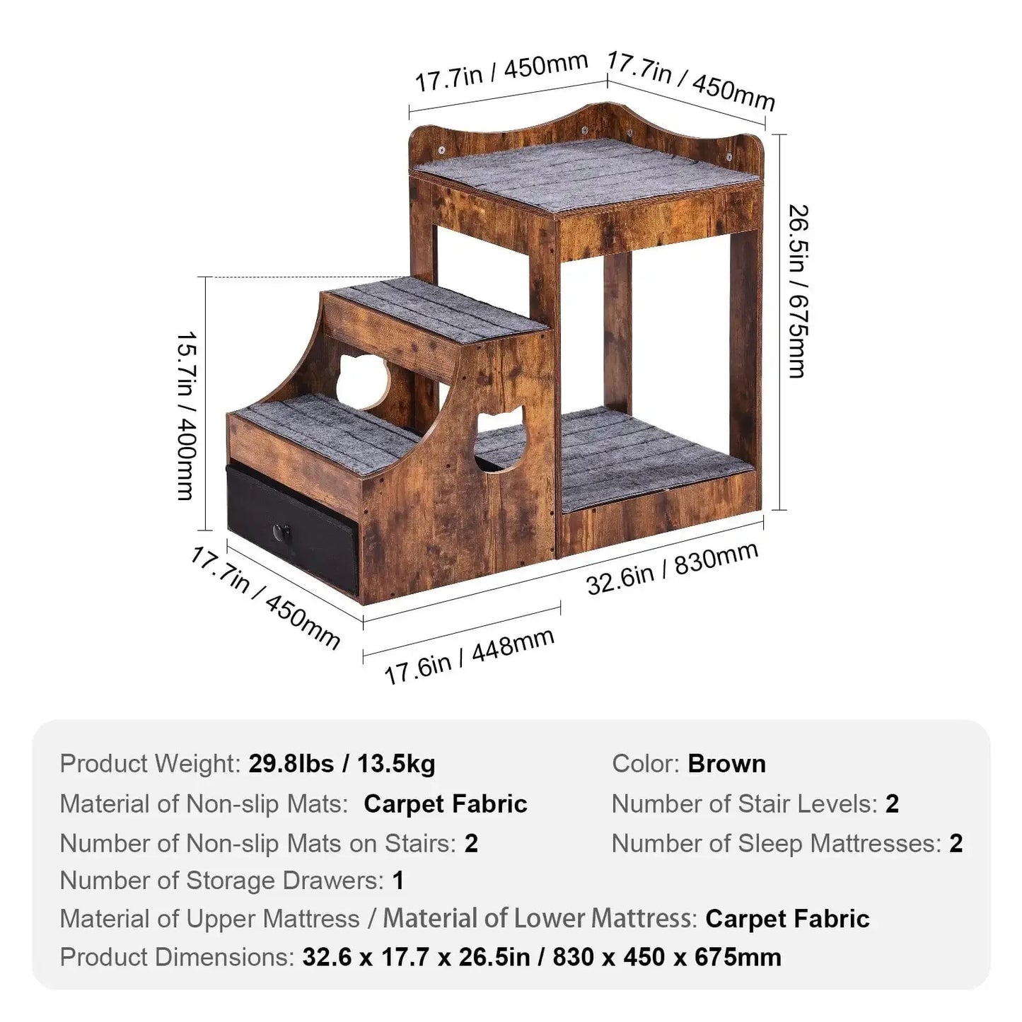 Pet Bunk Bed with Stairs for Dogs and Cats Indoor Window Perch with Storage in Brown