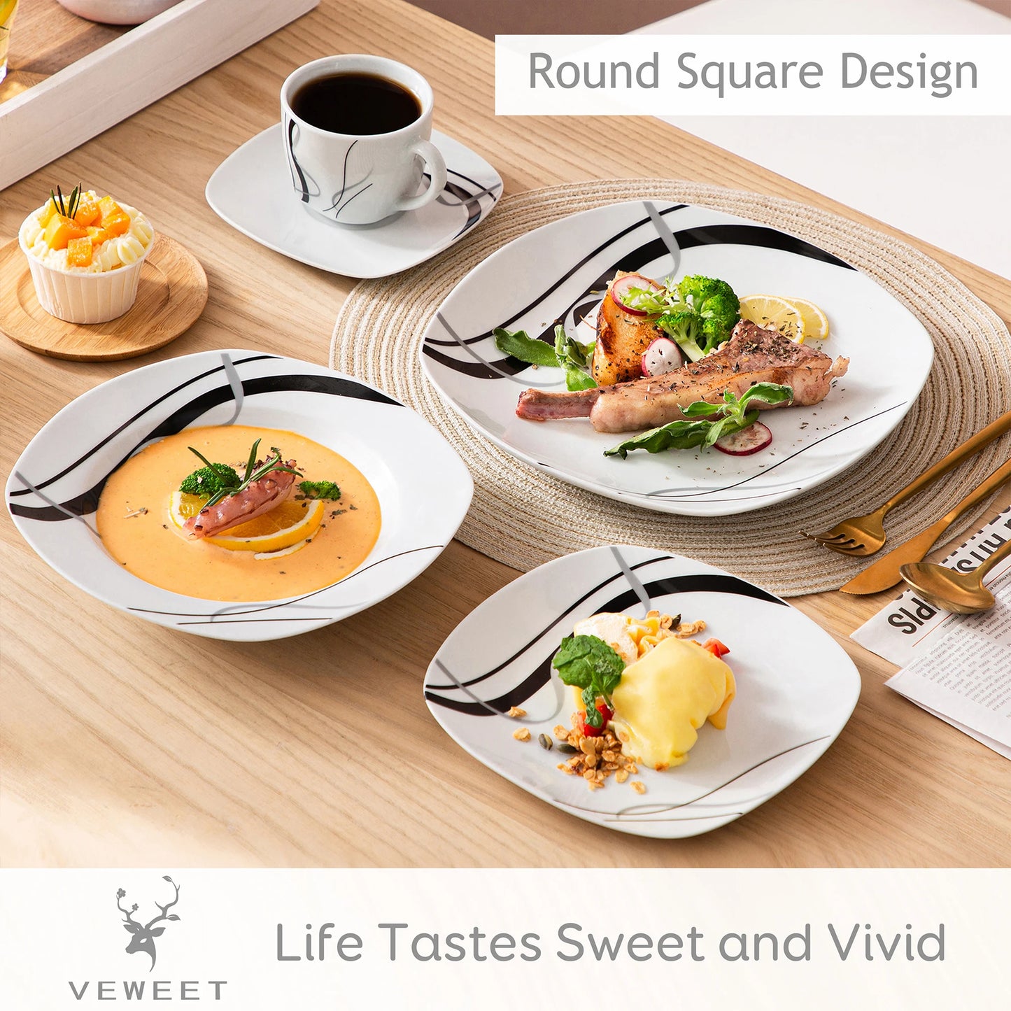 Veweet Fiona 30/60 Piece Black Lines Porcelain Ceramic Tableware Set with Dessert Plates Soup Plates Dinner Plates Cups Saucers