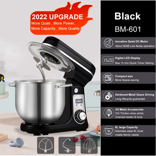 BioloMix Kitchen Food Stand Mixer Blender Quiet Motor Cream Egg Whisk Whip Dough Kneader 6 Speed 1200 Watt 6 Liter DC