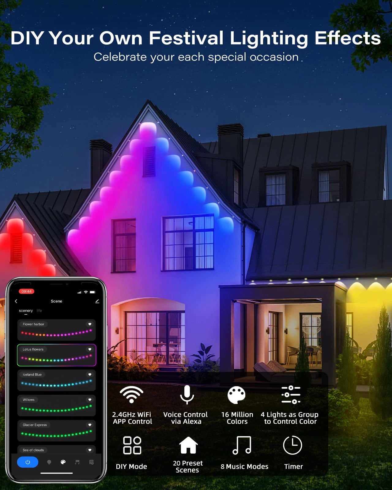 RGBIC Smart LED String Lights for Indoor Wall Use with Alexa Color Changing Feature and Music Sync Function
