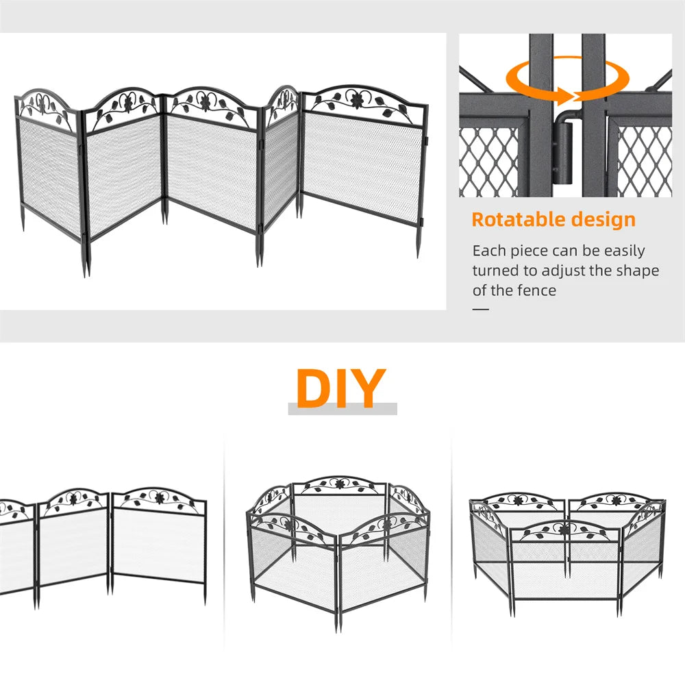 Set of 5 Wrought Iron Dog Fence Panels Pet Barrier Edging Board Rails for Animal Exercise and Safety