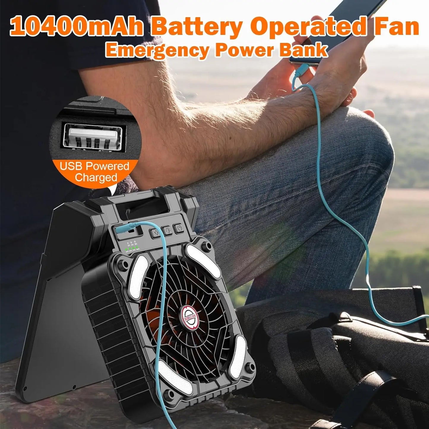 Solar Powered Camping Fan with LED Lantern and 10400mAh Rechargeable Battery Portable Eco Friendly Phone Charging Timer