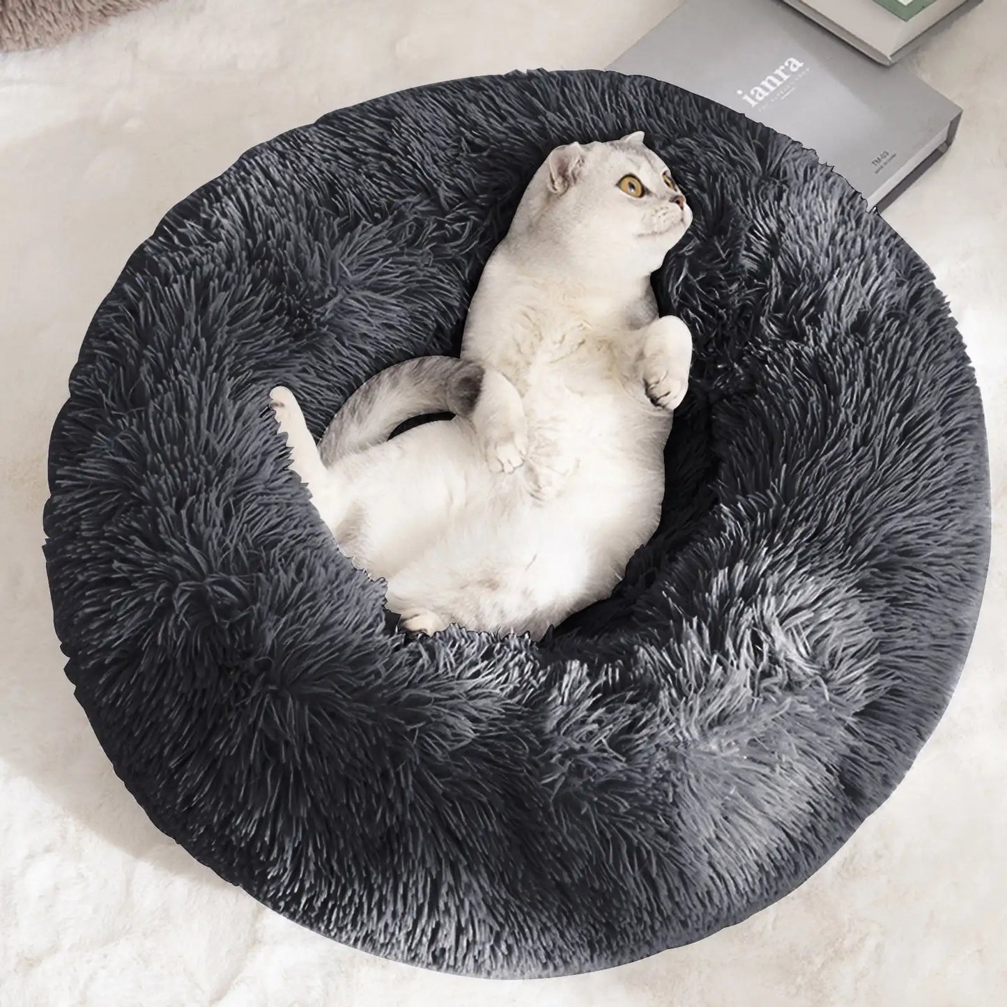 Calming Donut Dog Bed Anti Anxiety Self Warming Cozy Soft Plush Round Pet Bed Ideal for Home and Travel 27L x 27W x 8H