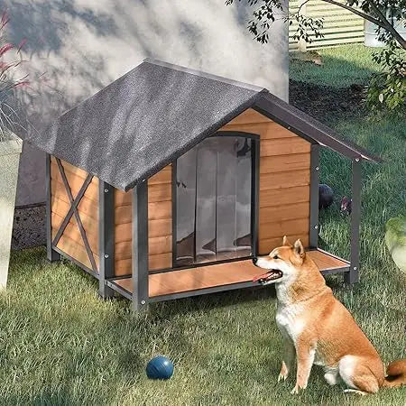 Outdoor Dog House Weatherproof Wooden Dog Shelter for Medium to Large Dogs Iron Frame Indoor Outdoor Doghouse Puppy Kennel