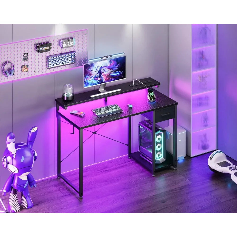 Gaming Desk with LED Lights and Power Outlet 40 Inch Computer Desk with Drawer Reversible Desk with Monitor Shelf and Headphone Hook