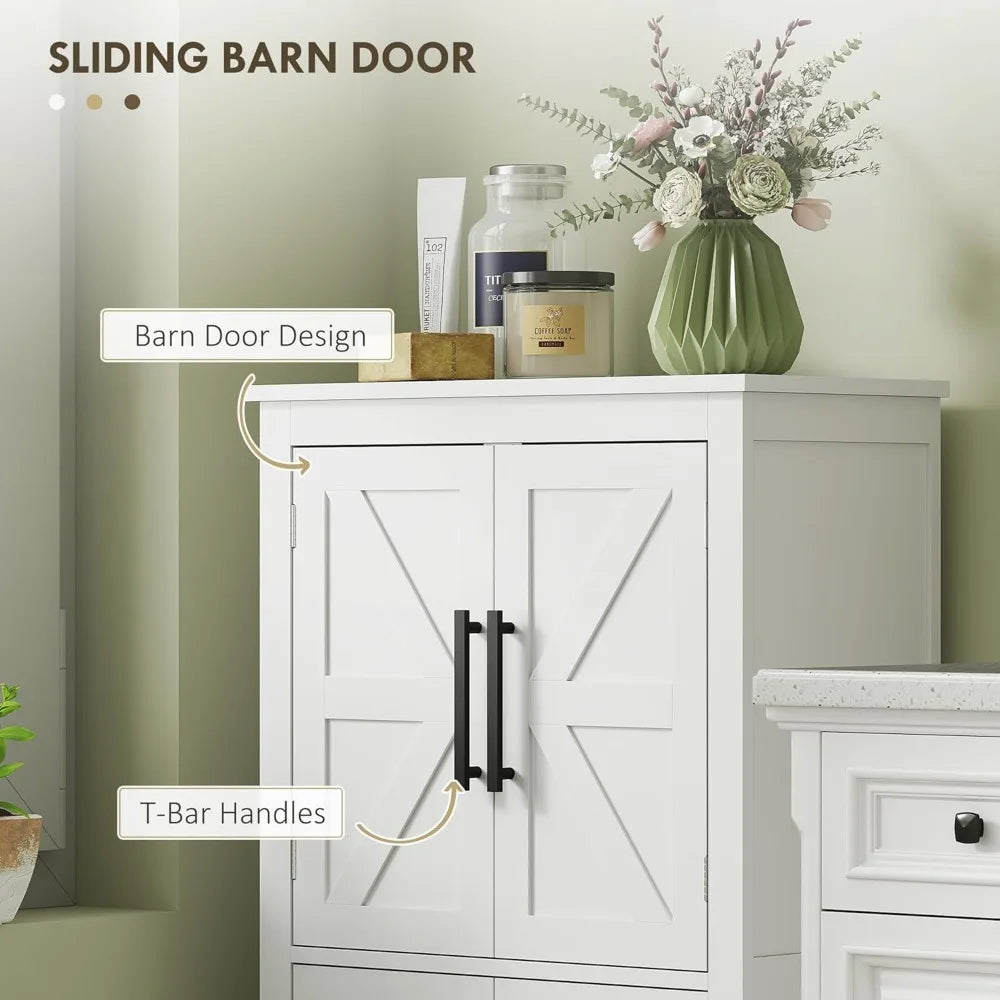 Farmhouse Bathroom Storage Cabinet with 4 Barn Doors and 2 Adjustable Shelves Freestanding Floor Cupboard in White
