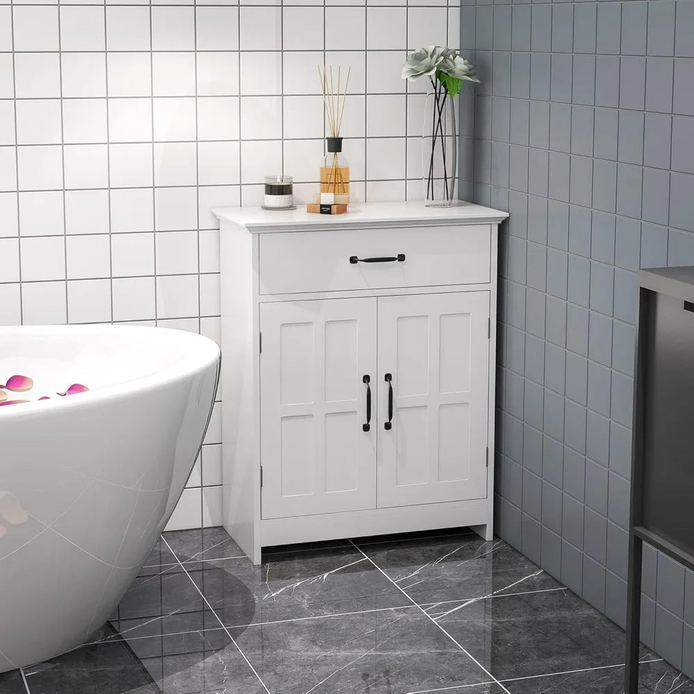Freestanding Bathroom Cabinet Farmhouse Small Storage Cabinet with Storage Drawer 2 Doors Narrow Floor Cabinet with Adjustable Features