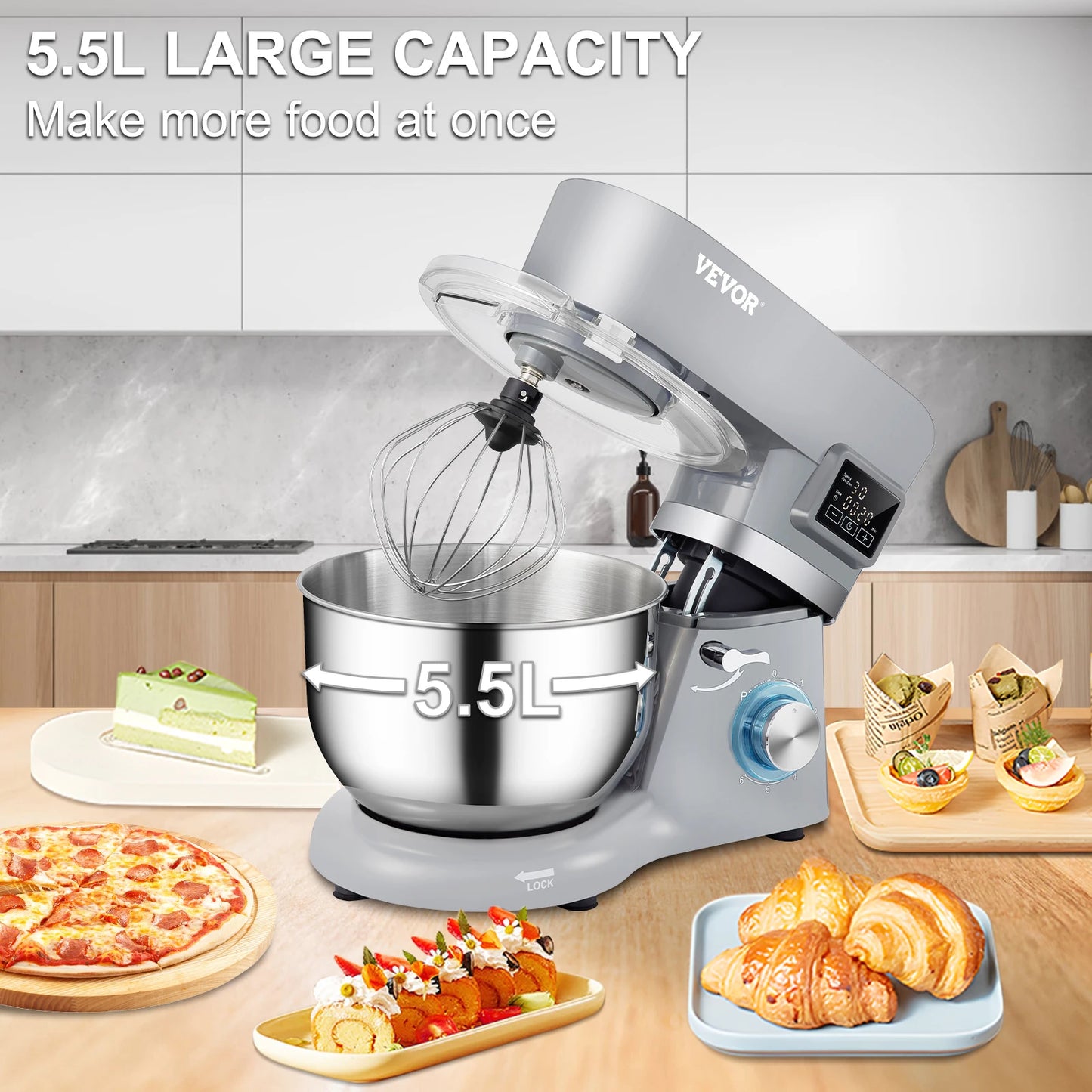 VEVOR 5.5/7L Electric Stand Mixer with 6 Speeds LCD Screen Timing Food Mixer Cream Egg Whisk Dough Kneader with Stainless Steel Bowl