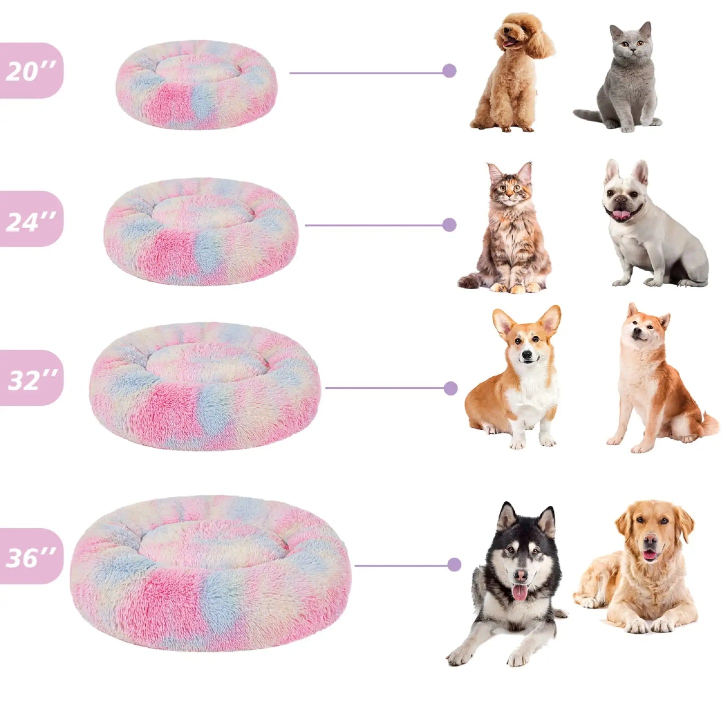 Calming Donut Pet Bed for Large Dogs 36 Inch Anti Anxiety Plush Cozy Warming Dog Bed Pink Rainbow