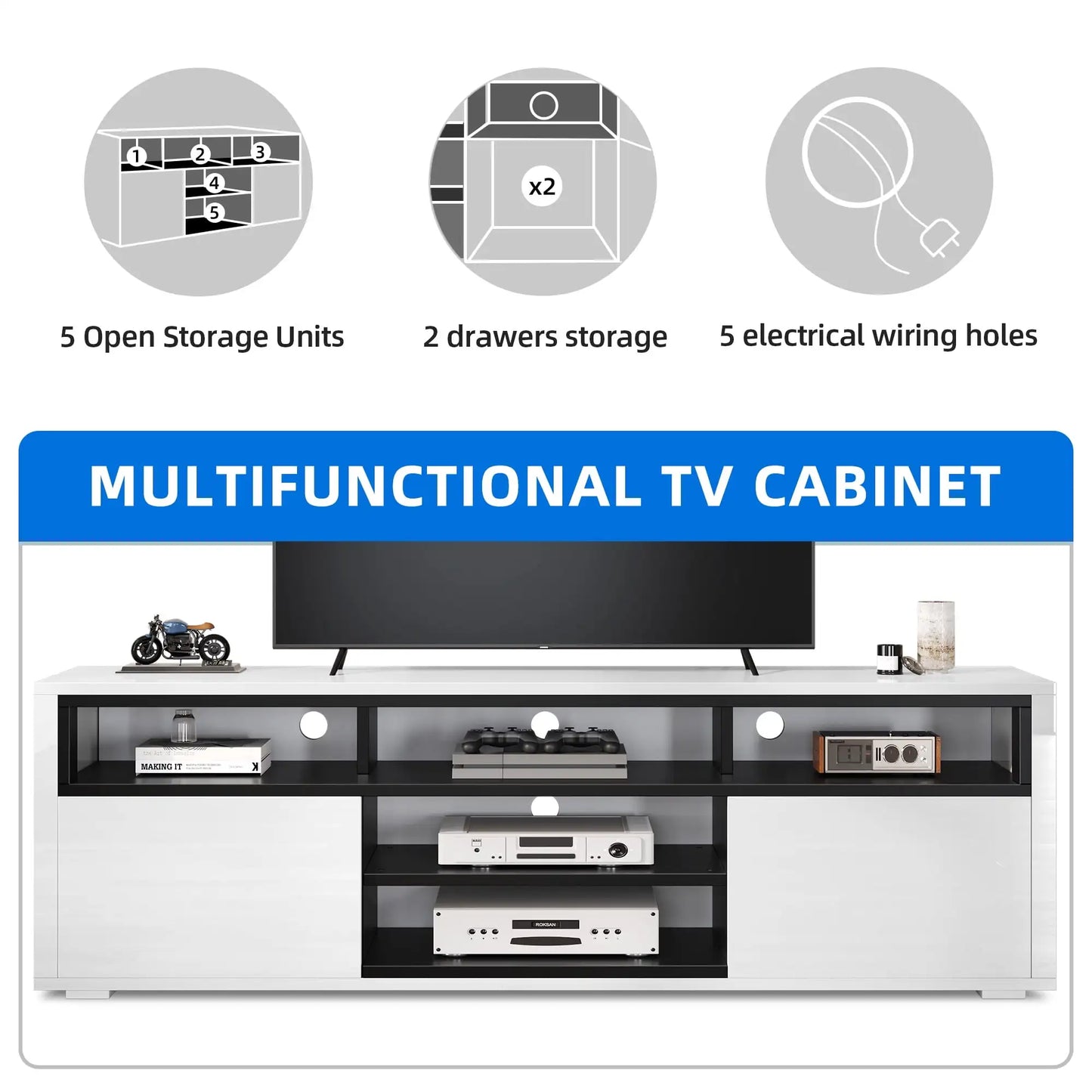High Gloss LED TV Stand for 75 Inch TV White Storage