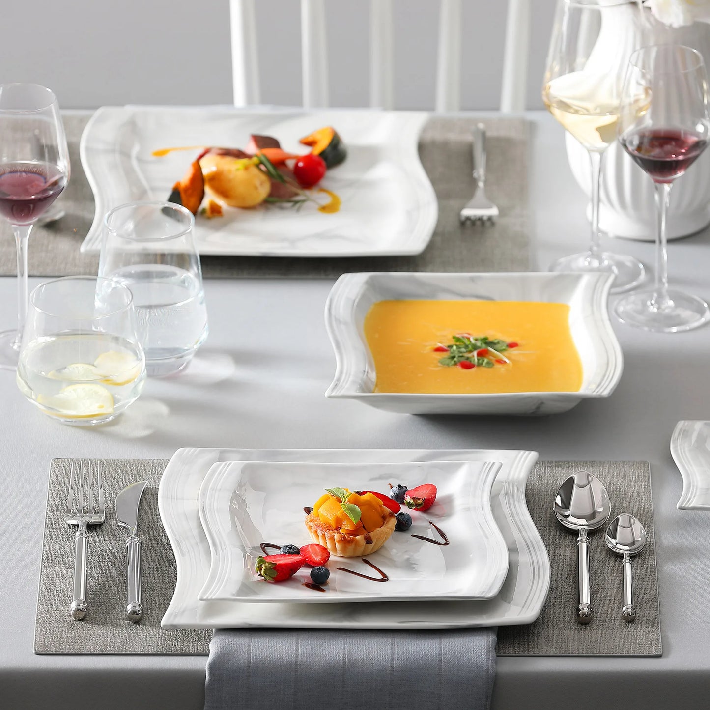Malacasa Flora Marble Porcelain Dinnerware Set 30/60 Pieces with Dinner Plates Dessert Plates Soup Plates Cups and Saucers