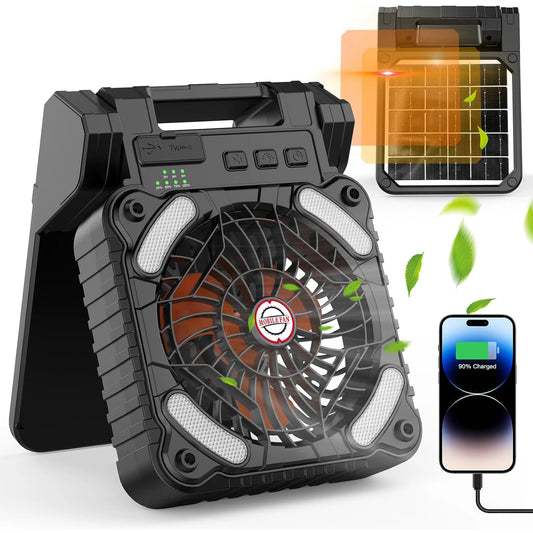 Solar Powered Camping Fan with LED Lantern and 10400mAh Rechargeable Battery Portable Eco Friendly Phone Charging Timer