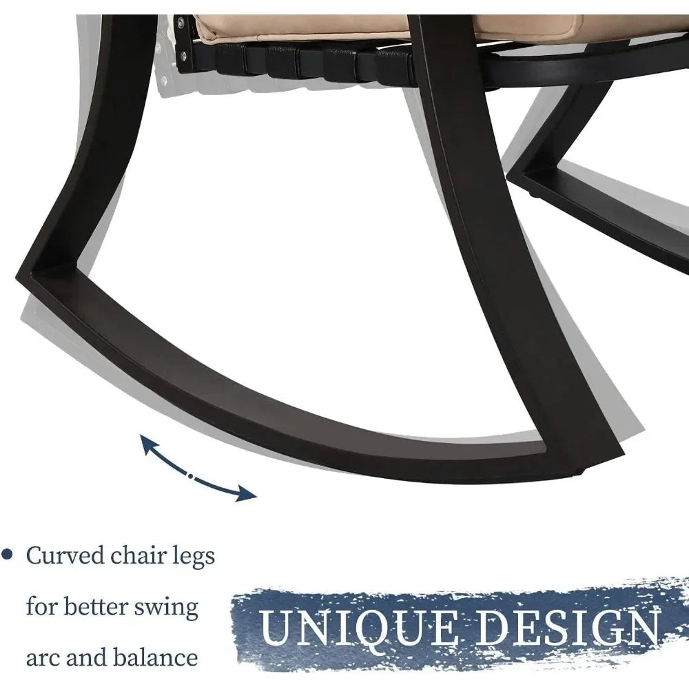 Furniture 3 Piece Conversation Bistro Set Rocking Chairs with Glass Top Table Thick Cushions Black Steel
