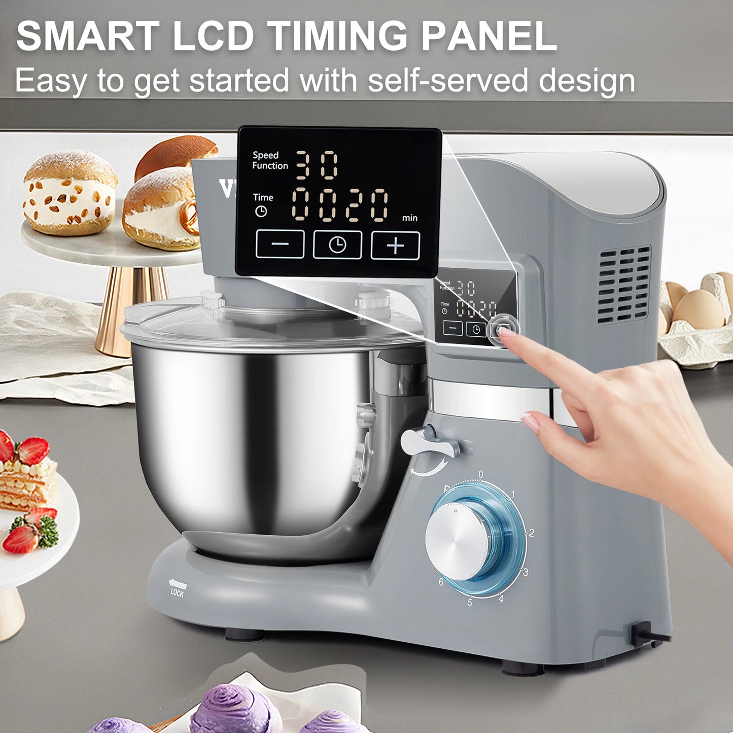 VEVOR 5.5/7L Electric Stand Mixer with 6 Speeds LCD Screen Timing Food Mixer Cream Egg Whisk Dough Kneader with Stainless Steel Bowl