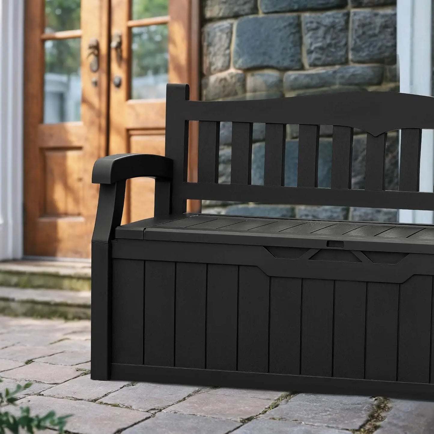 80 Gallon Lockable Storage Bench Deck Box for Patio Furniture Garden Decor and Outdoor Seating for Cushions Garden Tools and Pool Supplies Black