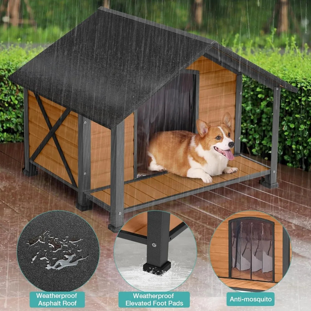 Outdoor Dog House Weatherproof Wooden Dog Shelter for Medium to Large Dogs Iron Frame Indoor Outdoor Doghouse Puppy Kennel
