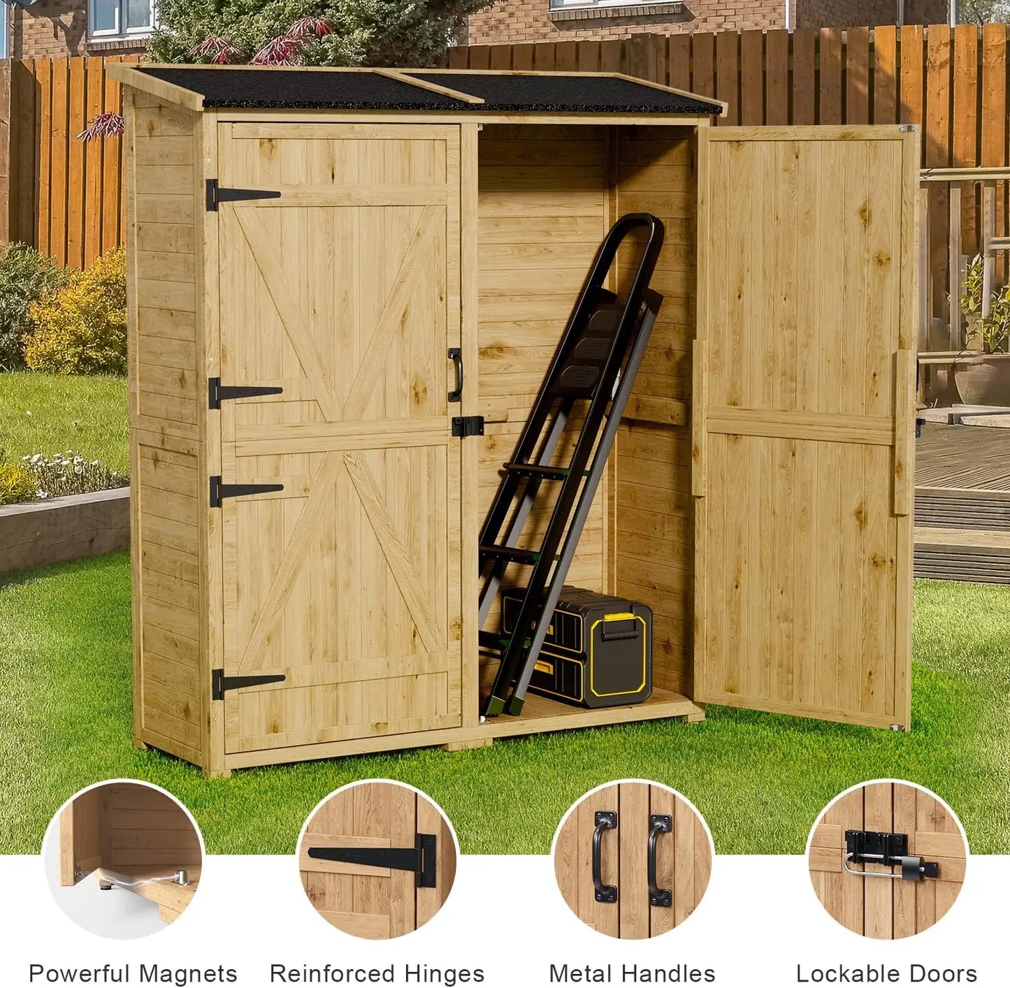 Outdoor Storage Cabinet with Waterproof Roof Double Lockable Doors Garden Shed and 2 Removable Shelves for Patio Garden Backyard Lawn