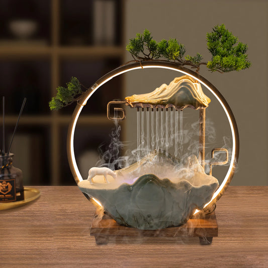 Tabletop Water Fountain Indoor Waterfall Decoration with Mist Rockery Horse and Plants LED for Meditation Feng Shui Decor