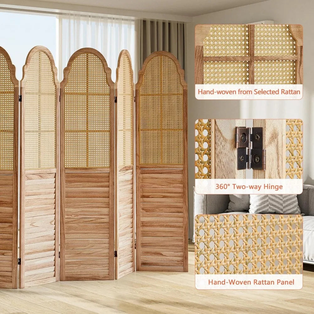 6 Panel Room Divider, Rattan Folding Screen Room Dividers, Privacy Dividers for Rooms, Louvered Partition Divider, Room Divider