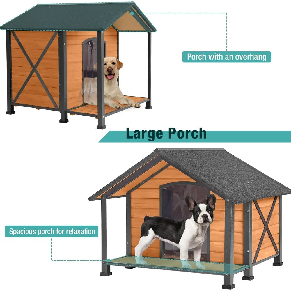 Outdoor Dog House Weatherproof Wooden Dog Shelter for Medium to Large Dogs Iron Frame Indoor Outdoor Doghouse Puppy Kennel