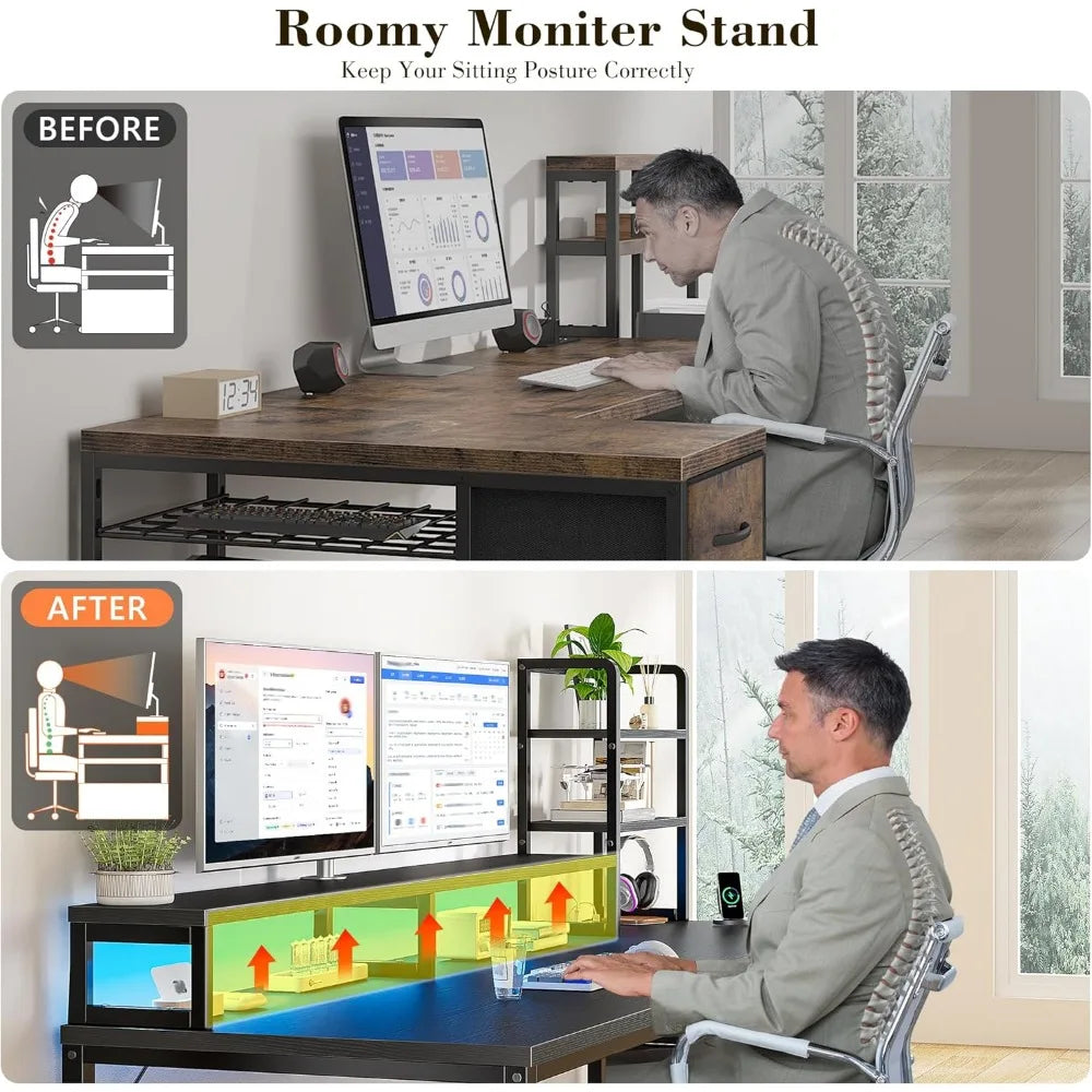 Gaming Desk With LED Lights Computer Desk With Drawers Home Office Desks With Power Outlets And Storage