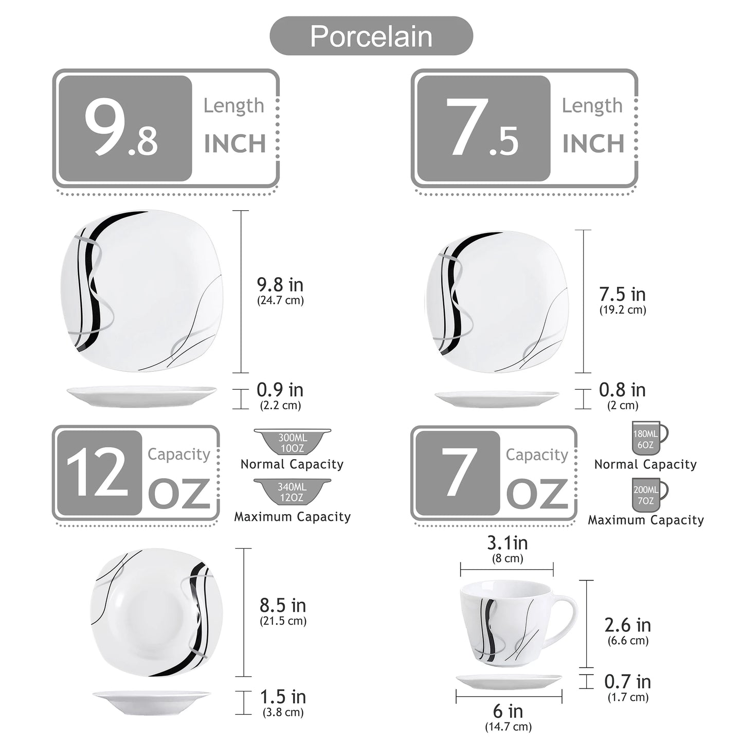 Veweet Fiona 30/60 Piece Black Lines Porcelain Ceramic Tableware Set with Dessert Plates Soup Plates Dinner Plates Cups Saucers
