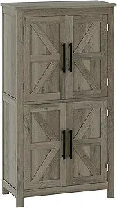 Farmhouse Bathroom Storage Cabinet with 4 Barn Doors and 2 Adjustable Shelves Freestanding Floor Cupboard in White