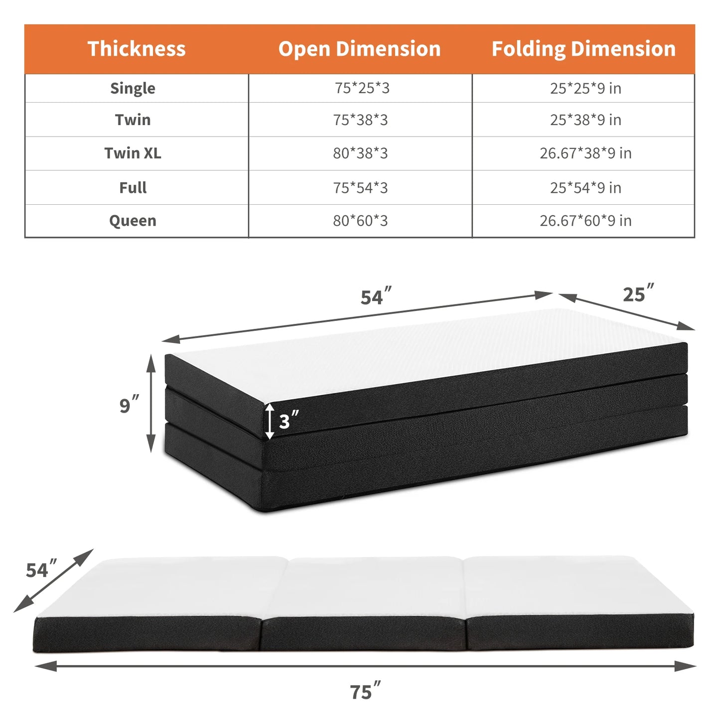 JHK Three Fold Portable Floor Bed CertiPUR Camping Yoga