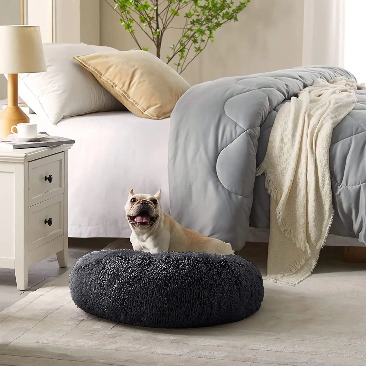 Calming Donut Dog Bed Anti Anxiety Self Warming Cozy Soft Plush Round Pet Bed Ideal for Home and Travel 27L x 27W x 8H